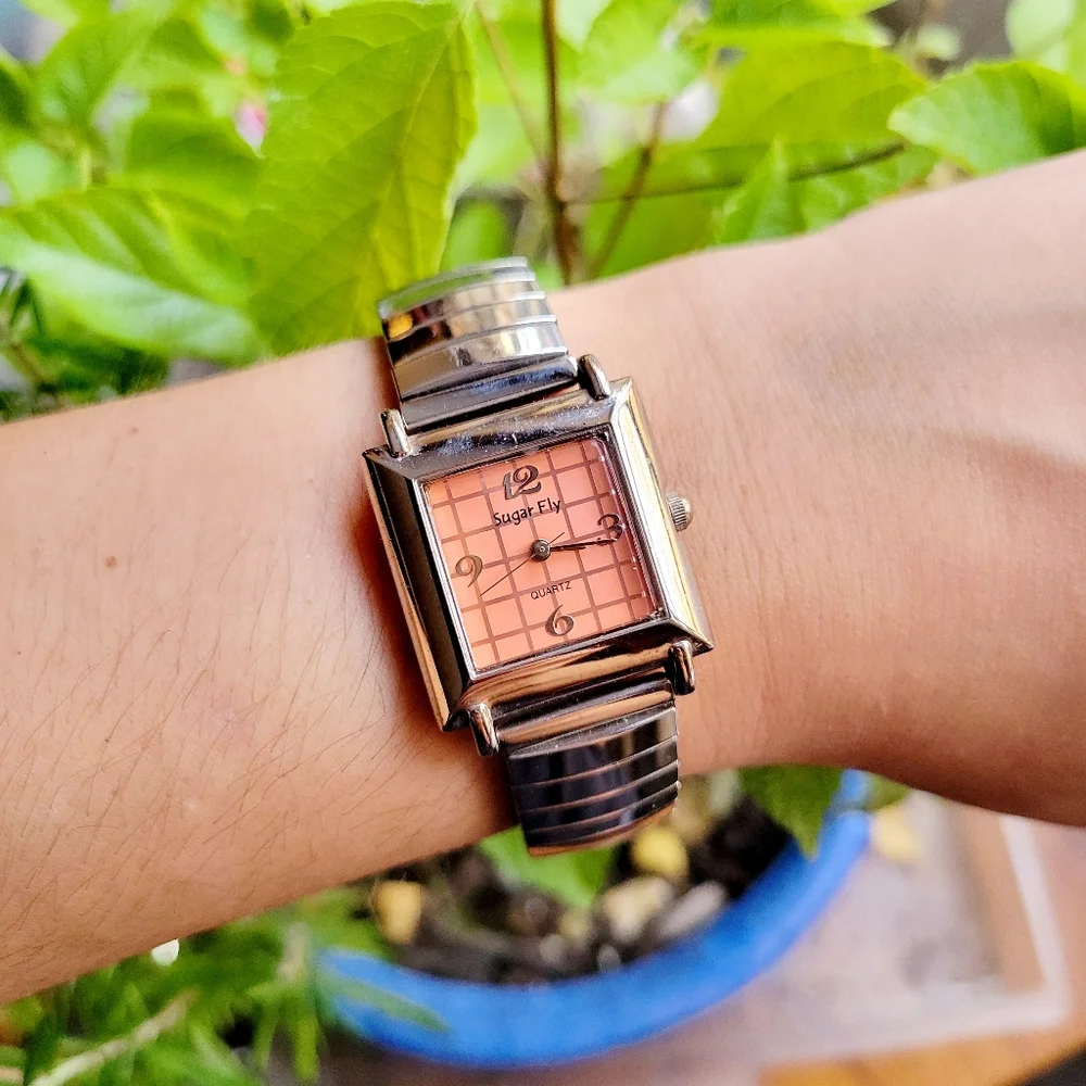Classic Sugar Fly Quartz Womens Womans Silver & Orange Square Stretch Watch